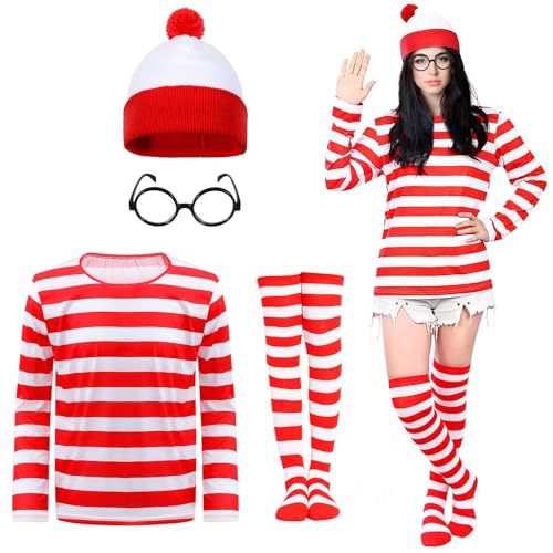 Damen Rot Weiß Gestreiftes Langarm T-Shirt Schwarze Nerdbrille Socken Beanie Mütze Wally Verkleidung Set für Halloween Weltbuchtag Damen Rot Weiß Gestreiftes Langarm T-Shirt Schwarze Nerdbrille Socken Beanie Mütze Wally Verkleidung Set für Halloween Weltbuchtag von Dazzroi