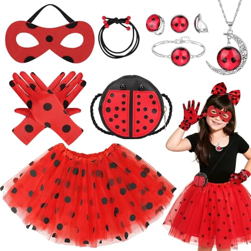 Ladybug Costume Accessories Set for Children's Skirt Gloves Eye Mask Bag Bracelet Ear Clip Necklace Hair Rope Ring Role Playing Set Ladybug Fancy Dress Costume for Halloween Carnival Birthday Party von Dazzroi