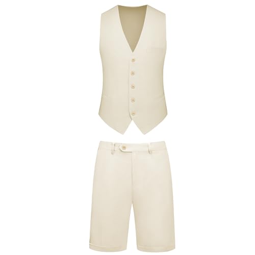 Dbutiy 2-teiliger Leinen-Sommeranzug für Herren – Strand-Hochzeitsgäste-Outfit mit Weste und Shorts, Beige, Large von Dbutiy