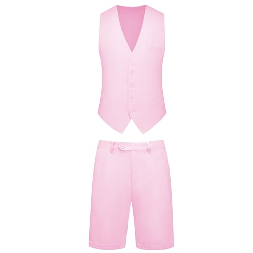 Dbutiy 2-teiliger Leinen-Sommeranzug für Herren – Strand-Hochzeitsgäste-Outfit mit Weste und Shorts, Helles Pink, Large von Dbutiy