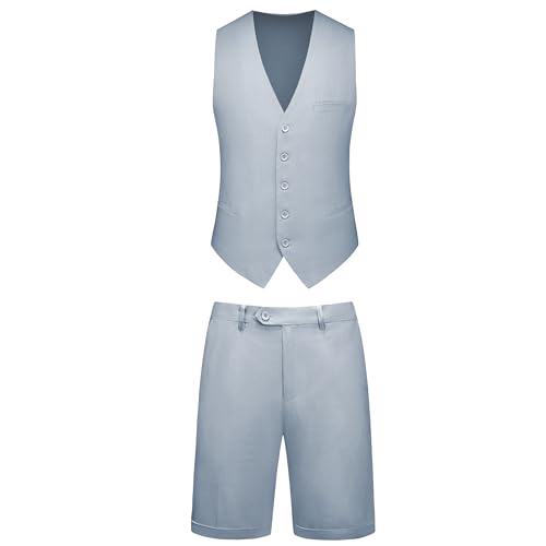 Dbutiy 2-teiliger Leinen-Sommeranzug für Herren – Strand-Hochzeitsgäste-Outfit mit Weste und Shorts, Hellgrau, Medium von Dbutiy