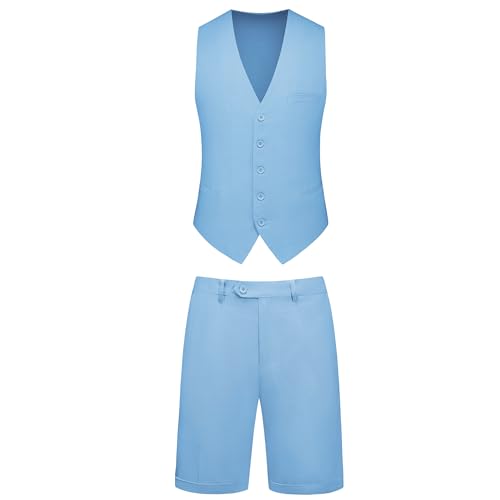 Dbutiy 2-teiliger Leinen-Sommeranzug für Herren – Strand-Hochzeitsgäste-Outfit mit Weste und Shorts, Himmelblau, XX-Large Dbutiy 2-teiliger Leinen-Sommeranzug für Herren – Strand-Hochzeitsgäste-Outfit mit Weste und Shorts, Himmelblau, XX-Large von Dbutiy