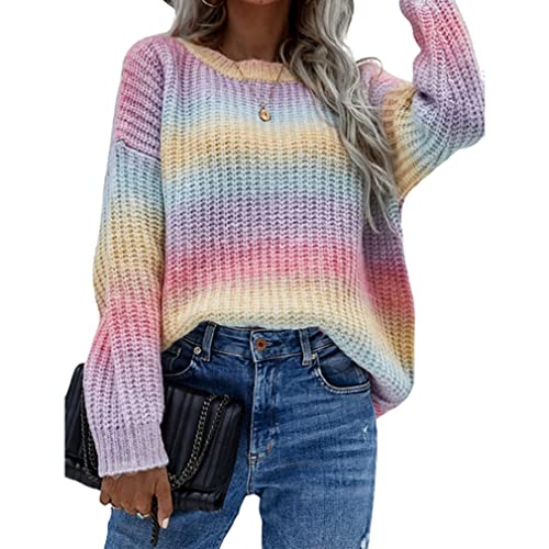 Damen Strick Regenbogen -Strickjacke, Strick Regenbogen Pullover Farbblock Block Pullover gestrickt oberen Schaufel Hals Langarmpullover von Dbvnnsy