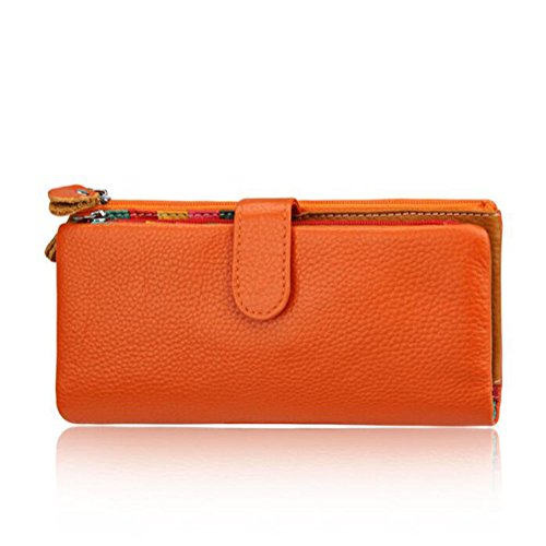 AprinCtempsD Damen Geldbörse Echt Leder Portemonnaie Bunt Clutch Lange Geldbeutel Große Kapazität mit Reißverschluss (Orange) von AprinCtempsD