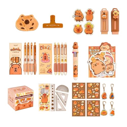 Dcaknri 21 Stück Cartoon Student Schreibwaren mit großem Federmäppchen Haftnotizen Lineal Radiergummi Stift Büroklammer Schlüsselanhänger Aufkleber Große Kapazität Capybara Organizer von Dcaknri