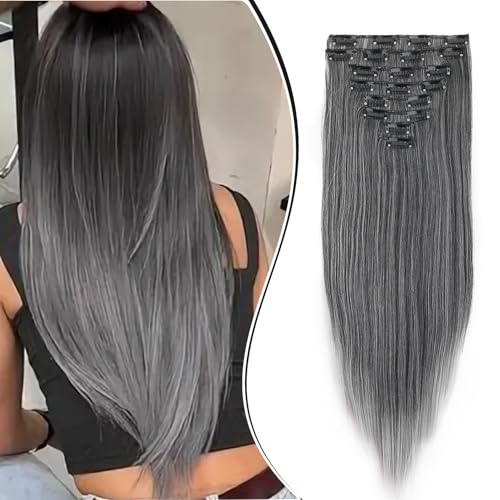 Dcbaboo Clip in Extensions Glatt 8PCS 60cm Clip in Haarteil Haarverlängerung Extensions Synthetik Lange Hair Extensions wie Echthaar Günstig Haarextension für Frauen, Schwarz Ombre Dunkel Grau von Dcbaboo