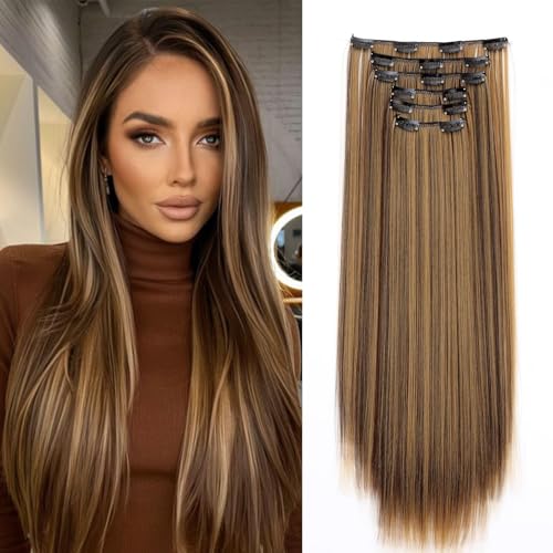 Dcbaboo Clip in Extensions Glatt Clip in Haarteil Haarverlängerung 6PCS 55cm Haarverlängerung mit Clips Günstig Synthetik Lang Hair Extensions für Damen Voller Kopf, Mittelbraun & Dunkelblond von Dcbaboo