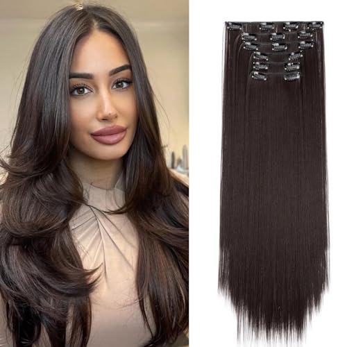 Dcbaboo Clip in Extensions Glatt Clip in Haarteil Haarverlängerung 6PCS 55cm Haarverlängerung mit Clips Günstig Synthetik Lange Hair Extensions für Damen Voller Kopf, Maronenbraun von Dcbaboo