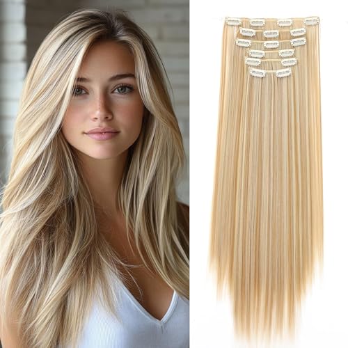 Dcbaboo Clip in Extensions Glatt Clip in Haarteil Haarverlängerung 6PCS 55cm Haarverlängerung mit Clips Günstig Synthetik Lange Hair Extensions für Damen Voller Kopf, Naturblond & Bleichblond von Dcbaboo