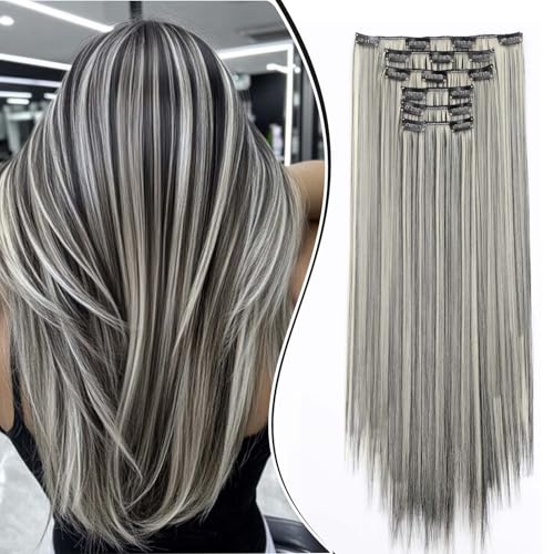 Dcbaboo Clip in Extensions Glatt Clip in Haarteil Haarverlängerung 6PCS 55cm Haarverlängerung mit Clips Günstig Synthetik Lange Hair Extensions für Damen Voller Kopf, Schwarz & Bleichblond von Dcbaboo
