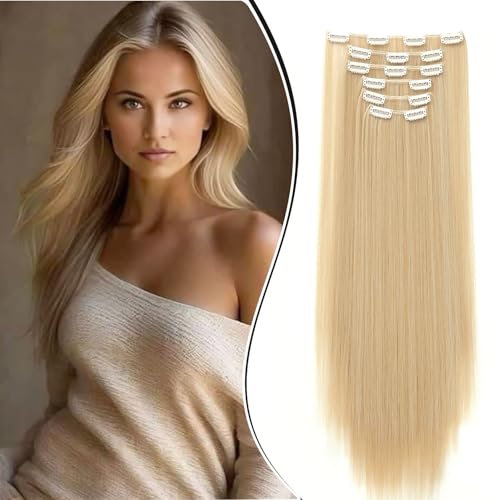 Dcbaboo Clip in Extensions Glatt Clip in Haarteil Haarverlängerung 6PCS 55cm Haarverlängerung mit Clips Synthetik Lange Hair Extensions für Damen Voller Kopf, Naturblond mix Bleichblond von Dcbaboo