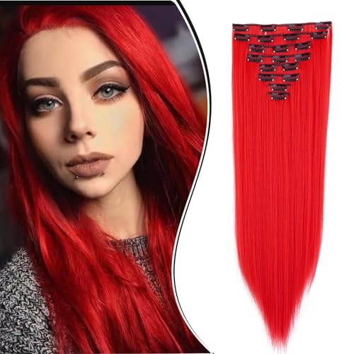 Dcbaboo Clip in Extensions Glatt Rot 8PCS 60cm Clip in Haarteil Haarverlängerung Extensions Synthetik Lange Hair Extensions wie Echthaar Günstig Haarextension für Frauen, Red von Dcbaboo