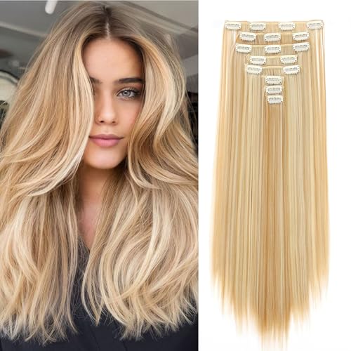 Dcbaboo Clip in Extensions Haarteil Haarverlängerung Glatt 8PCS 65cm Clip in Hair Extensions wie Echthaar Günstig Synthetik Lange Haarverlängerung mit Clips für Damen, Dunkelblond & Blond von Dcbaboo