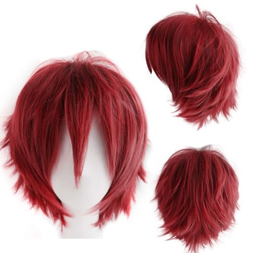 Dcbaboo Perücke Rot Perücke Halloween Damen Red Wig 30cm Perücken Dunkelrot Kurz Perücke Herren Männer Cosplay Anime Perücke Glatt Gerade Synthetisches Haar Kostüm Party Karneval Perücke mit Pony von Dcbaboo