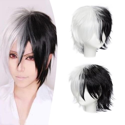 Dcbaboo Perücke Schwarz Weiß Perücke Halloween Damen 30cm Perücken Kurz Perücke Herren Männer Cosplay Wig Anime Perücke Glatt Gerade Perücke mit Pony Synthetisches Haar Kostüm Party Karneval Perücke von Dcbaboo