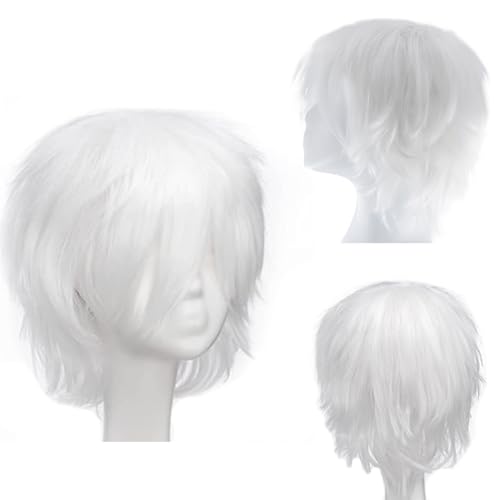 Dcbaboo Perücke Weiß Perücke Halloween Damen White Wig 30cm Perücken Weiße Kurz Perücke Herren Männer Cosplay Anime Perücke Glatt Gerade Synthetisches Haar Kostüm Party Karneval Perücke mit Pony von Dcbaboo