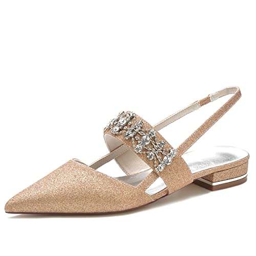 Flache Slingpumps Damen Strass Offene Absatzschuhe Bequeme Spitze Zehen Ballett Flache Schuhe,Gold,38 EU von Dcbdx