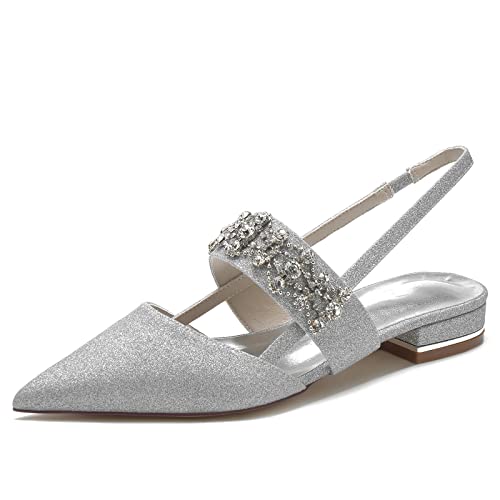 Flache Slingpumps Damen Strass Offene Absatzschuhe Bequeme Spitze Zehen Ballett Flache Schuhe,Silber,43 EU von Dcbdx