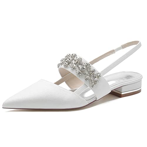 Flache Slingpumps Damen Strass Offene Absatzschuhe Bequeme Spitze Zehen Ballett Flache Schuhe,Weiß,40 EU von Dcbdx