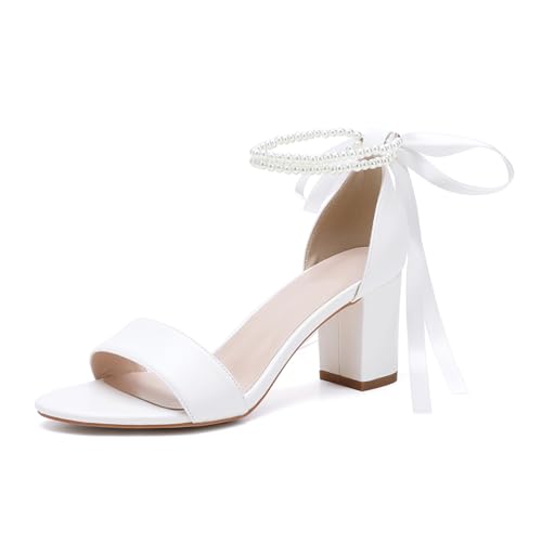 Sandalen Damen Offener Zehenbereich Satin Sandaletten mit Mittlerem Absatz Perles Knöchelriemen Brautschuhe,Weiß,39 EU von Dcbdx