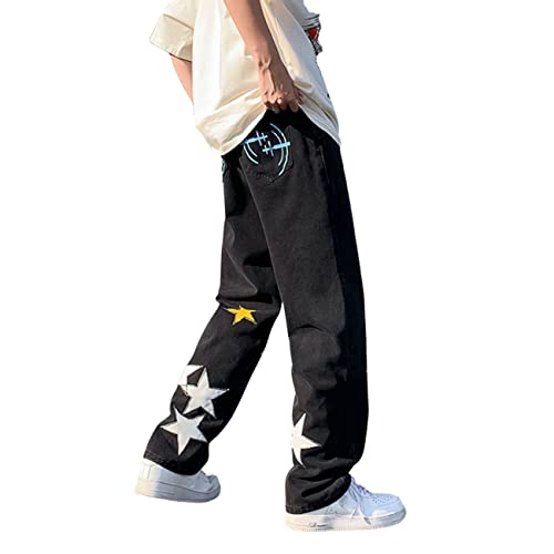 Dcepem Y2k Jeans Herren Ästhetische Baggy Hip Hop Star Hose Y2K Denim Loose Goth Y2k Fashion Streetwear 7, Schwarz2, Klein von Dcepem