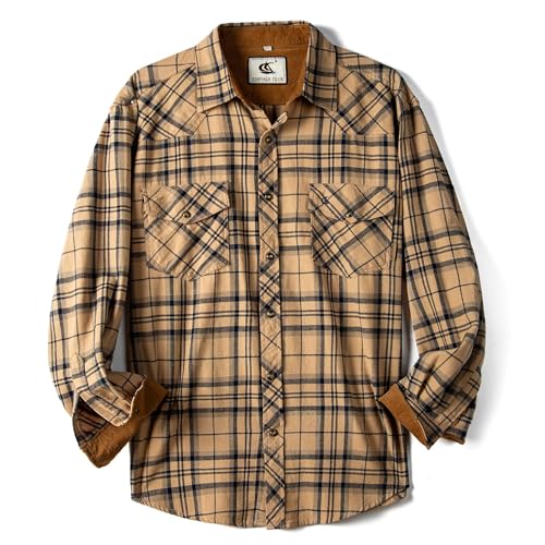 Dctop Flanellhemd Herren Langarm Holzfällerhemd Kariert Snap Knopf Baumwolle mit Tasche Regular Fit Casual Shirt Hemd(Khaki/Navy 5# 2XL) von Dctop