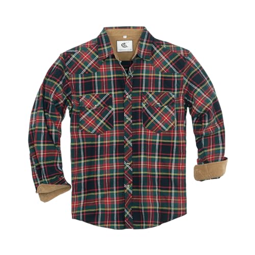 Dctop Flanellhemd Herren Langarm Holzfällerhemd Kariert Snap Knopf Baumwolle mit Tasche Regular Fit Casual Shirt Hemd(Rot/Grün Kariert #14 S) von Dctop