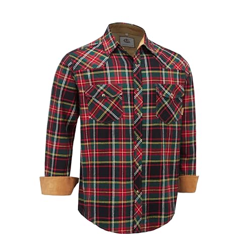 Dctop Flanellhemd Herren Langarm Holzfällerhemd Kariert Snap Knopf Baumwolle mit Tasche Regular Fit Casual Shirt Hemd(Rot/Grün Kariert #14 XL) von Dctop