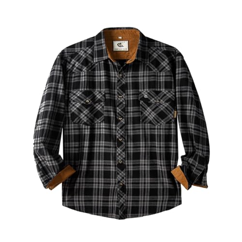 Dctop Flanellhemd Herren Langarm Holzfällerhemd Kariert Snap Knopf Baumwolle mit Tasche Regular Fit Casual Shirt Hemd(Schwarz/Grau 9# L) von Dctop