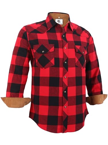 Dctop Flanellhemd Herren Langarm Holzfällerhemd Kariert Snap Knopf Baumwolle mit Tasche Regular Fit Casual Shirt Hemd (Rot/Schwarz 1# 3XL) von Dctop