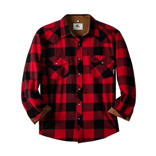 Dctop Flanellhemd Herren Langarm Holzfällerhemd Kariert Snap Knopf Baumwolle mit Tasche Regular Fit Casual Shirt Hemd (Rot/Schwarz 1# S) von Dctop