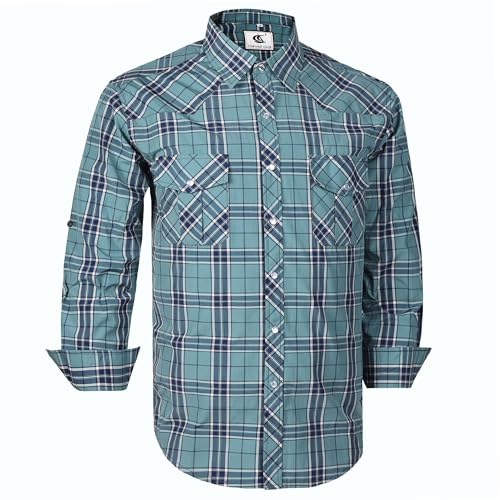 Dctop Herren Hemd Langarm Druckknöpfen Unifarben Kariertes Anzug Regular Fit Freizeithemd Männer Bügelleichtes Business Hemd (Beryllgrün Kariert #40 2XL) von Dctop
