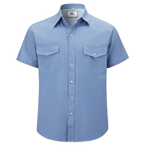 Dctop Jeanshemd Herren Kurzarm Denim Regular Fit Freizeithemden Normale Passform Cowboy-Style Shirt Mit Taschen (Dämmerungsblau 2#XL) von Dctop