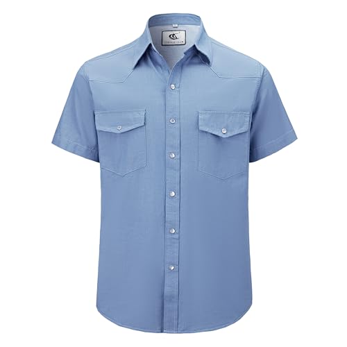 Dctop Jeanshemd Herren Kurzarm Denim Regular Fit Freizeithemden Normale Passform Cowboy-Style Shirt Mit Taschen (Staubiges Blau 1#3XL) von Dctop