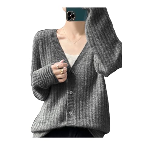 Damen Woll-Cardigan mit ausgehöhlter Version, Pulloverjacke, lockerer Strickpullover, Grau, XX-Large von Dcvmvmn