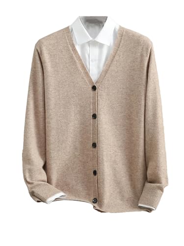 Herren Kaschmir-Cardigan Sweater Winter Strickjacke Einfarbig Langarm V-Ausschnitt Cardigan, Beige, L von Dcvmvmn