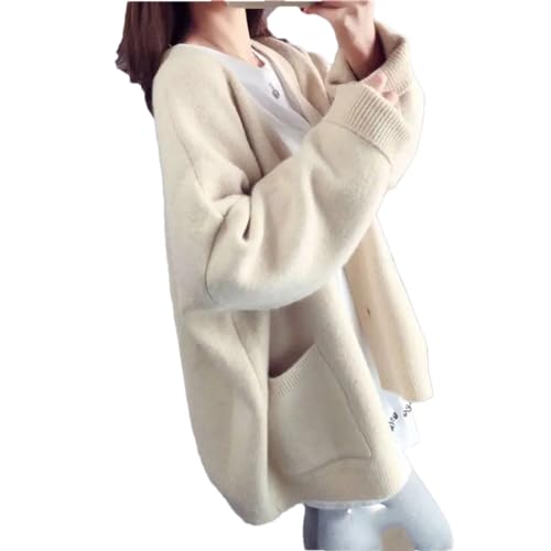 Strickjacken Frauen Herbst Solide Dicker Warm V-Ausschnitt Taschen Lose Damen Pullover Einfache All-Match Knit Tops, Beige, X-Groß von Dcvmvmn