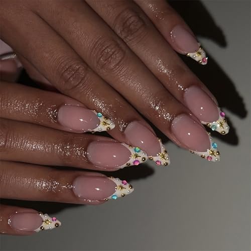24 Nägel zum Aufkleben mit Glitzern, französischen Spitzen und bunten Strasssteinen, zum Aufdrücken auf Mandelkunst für Frauen, trendige Nagelstile von Ddujbtp