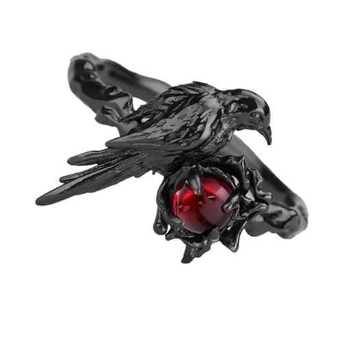 Ddujbtp Geheimnisvolle krähenförmige Ringe mit roten Edelsteinen, dunkler ästhetischer Mystery-Kulturschmuck, einzigartiges Gothic-Accessoire, Legierung von Ddujbtp
