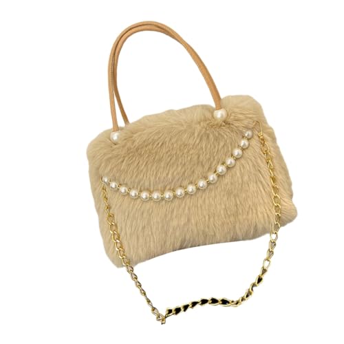 Ddujbtp Luxuriöse pelzige Schultertasche mit Perlendekor für stilvolle Frauen, Plüsch-Handtasche für den täglichen Gebrauch oder Abendveranstaltung, helles kaffebraun, Taschen-Organizer von Ddujbtp