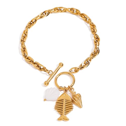 Ddujbtp Marine Inspirierte Einstellbare OT Verschluss Armband Sea Shell Fischknochenbein Anhänger Armreifen Schmuck Für Frauen Männer Ozean Thema Sea Charme von Ddujbtp