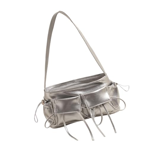 Ddujbtp Modische Umhängetasche aus PU-Leder mit mehreren Taschen, einfarbig, süße Schleife, Unterarmtasche, Achseltasche mit Reißverschluss, silber, Taschen-Organizer von Ddujbtp
