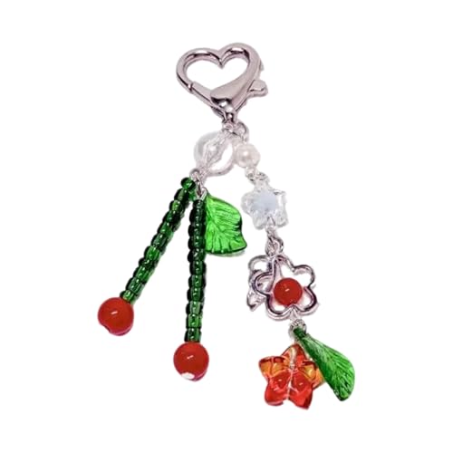 Ddujbtp Niedlicher Kirschtaschen-Anhänger und Schlüsselanhänger mit Perlen und Herz-Detail-Taschen, Anhänger, Schlüsselhalter, Dekoration für stilvolle Frauen, Perlenkirsche, Taschen-Organizer von Ddujbtp