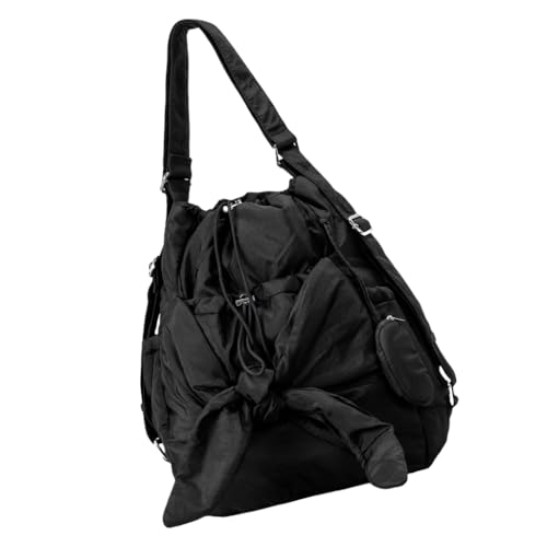 Ddujbtp Nylon-Eimertasche mit plissiertem Kordelzug und Crossbody-Gurt für Damen, große Kapazität, Handtasche, Schleifen-Rucksack, Schwarz , Taschen-Organizer von Ddujbtp