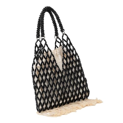 Ddujbtp Retro-Handtasche aus Holz mit Perlen für Damen, gewebte Strandtasche, lässige Tasche mit Tragegriff oben, mit natürlichen Materialien und einzigartigem Design, Schwarz , Taschen-Organizer von Ddujbtp