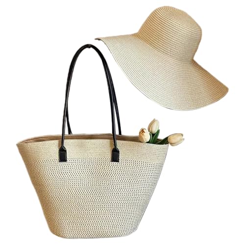 Ddujbtp Sommer-Schultertasche aus gewebtem Stroh mit geräumigem Design, Unterarmtaschen, lässige Handtasche für Strandurlaub und den täglichen Gebrauch, beige, With a hat, Taschen-Organizer von Ddujbtp