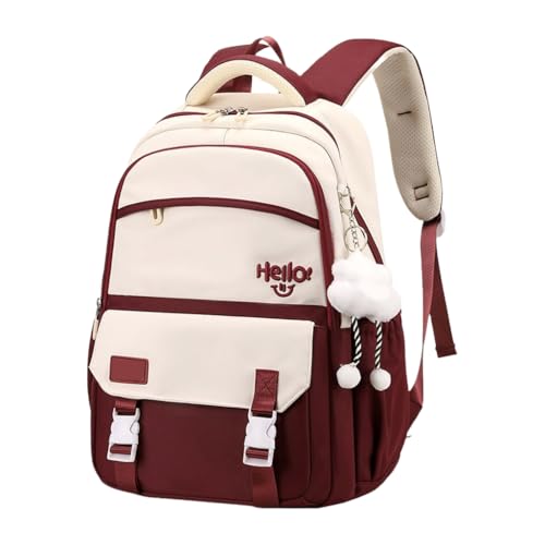 Ddujbtp Stilvoller Colorblock-Rucksack mit einzigartigem Wolkenanhänger für Reisen, Schule und den täglichen Gebrauch, große Kapazität, Nylon-Schultasche, claret, Taschen-Organizer von Ddujbtp