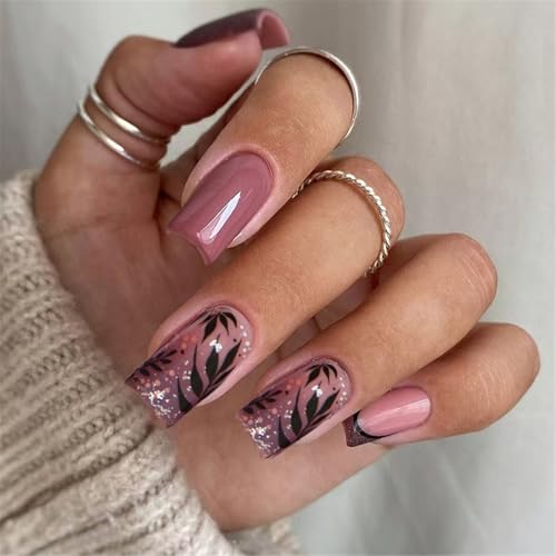 Quadratische Französische Falsche Nägel Mit Blattdesigns Vollbezüge Glänzender Stock Auf Maniküre Künstliche Kunst Für Frauen Press Auf Nagel von Ddujbtp