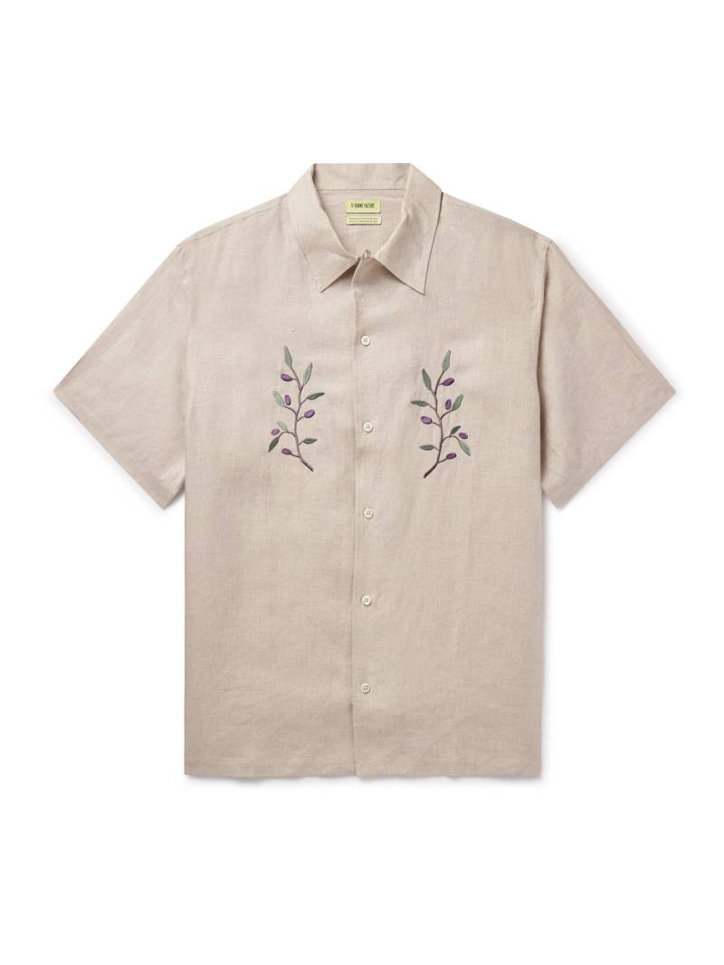 De Bonne Facture - Convertible-Collar Embroidered Linen Shirt - Men - Neutrals - XL von De Bonne Facture