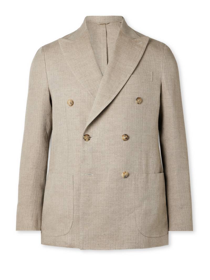 De Petrillo - Double-Breasted Herringbone Linen Blazer - Men - Neutrals - IT 50 von De Petrillo